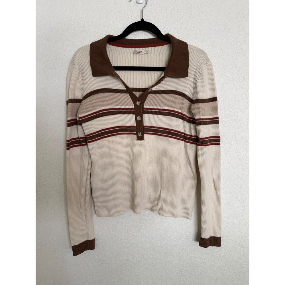 Faherty Brand Ribbed Knit Polo Sweater Striped Henley Cream Brown Large